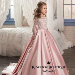 Girls satin pink flower girl wedding dress